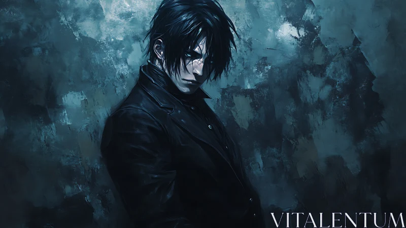Brooding dark-haired man rendered in moody digital painting