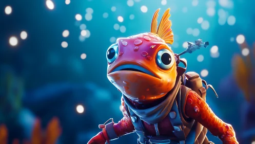 Curious orange fish adventurer explores a glowing blue sea