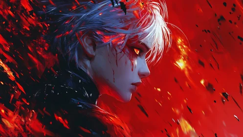 Fiery cybernetic warrior in crimson inferno profile portrait.