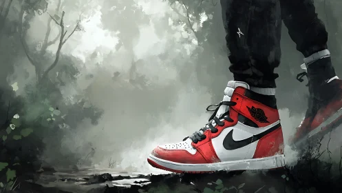 Red and white sneakers stride through misty forest path