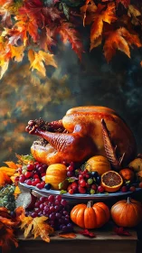 Roasted turkey rests on autumn harvest table with fruit