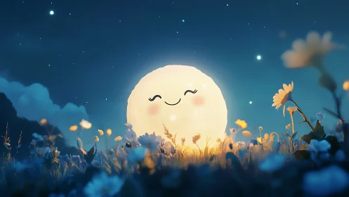 Softly glowing cartoon moon illuminates stylized wildflower meadow