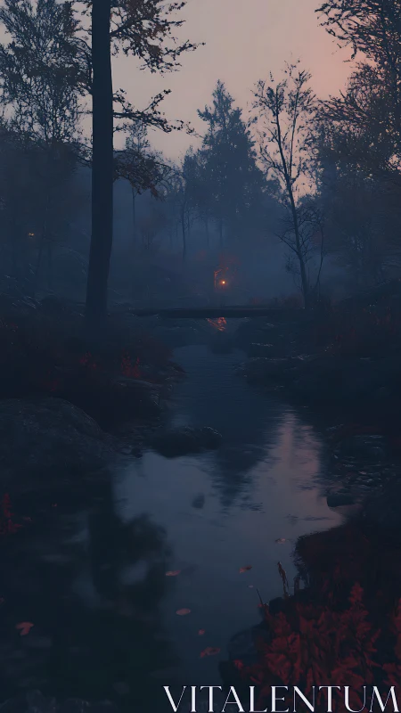 Moody Forest Stream at Twilight Hour.