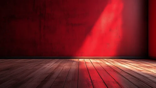 Red interior wall with angled light and wooden floor.