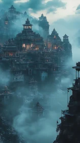 Terraced mountain megastructure with mist and tiered temples