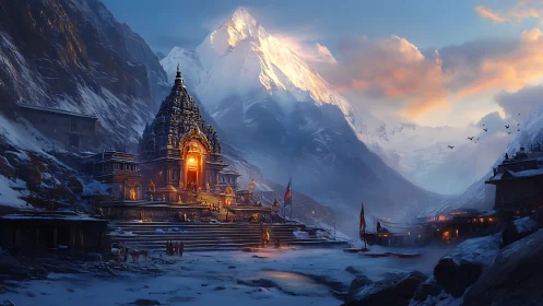 Glowing mountain temple sanctuary in a peaceful snowy valley.
