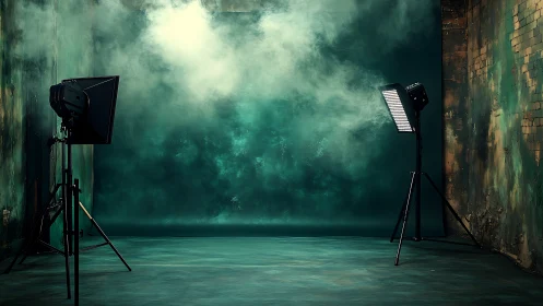 Moody studio stage glows in cinematic teal fog and light.