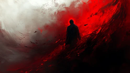 Solitary figure walks through swirling red and white storm
