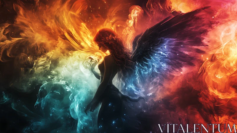 Fire and starlit wings circling a quiet celestial guardian.