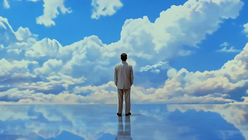 Digital painting of solitary figure on reflective sky plane.