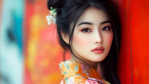 Elegant portrait of kimono-clad woman by vivid vermilion wall.