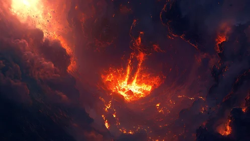 Volcanic Eruption: Molten Core with Fiery Ash Clouds.