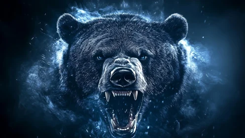 Roaring bear head emerges from swirling blue digital mist