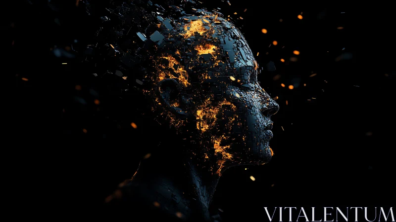 Shattering cybernetic head illuminated by molten circuitry.