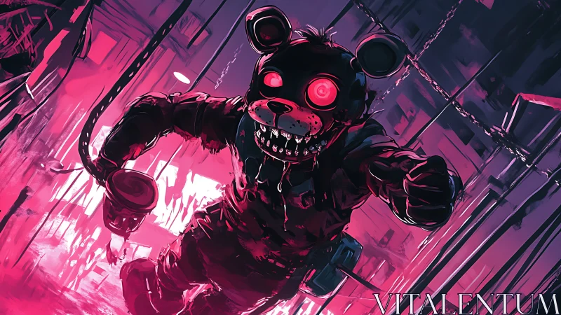 Animatronic bear lunges forward in neon magenta industrial corridor