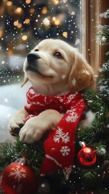 Golden puppy gazes through snowy window in red scarf