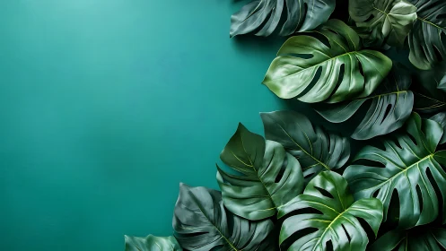Tropical monstera foliage on teal background with negative space