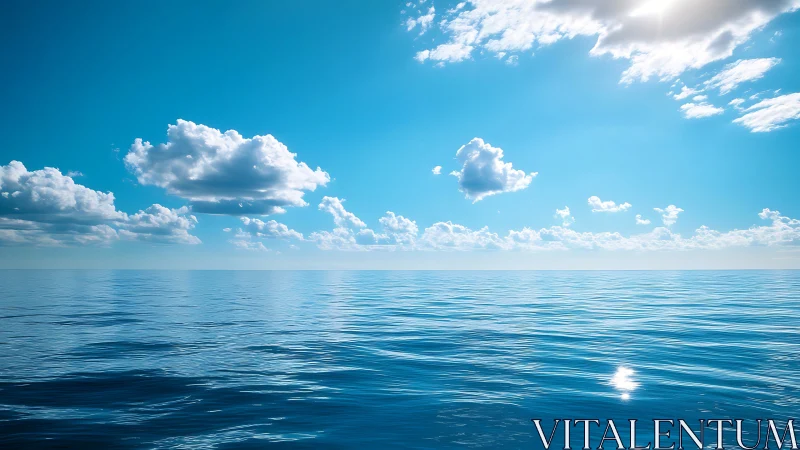 Tranquil open ocean under bright blue midday sky.