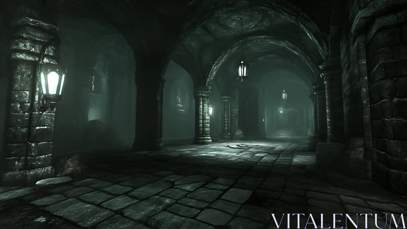Moody stone corridors glowing with quiet, enchanted light.