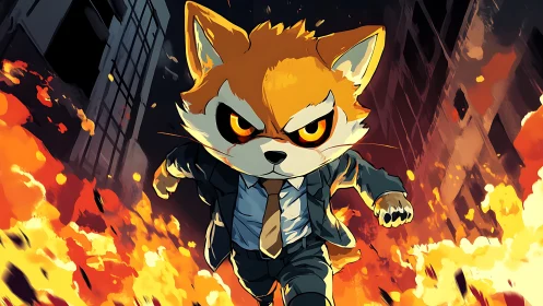 Anthropomorphic fox in suit runs through burning cityscape.