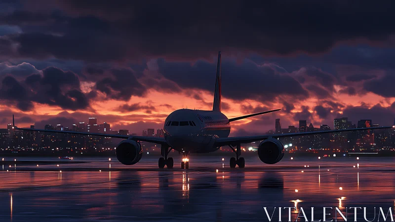 Widebody jet on wet runway at dusk with city skyline.