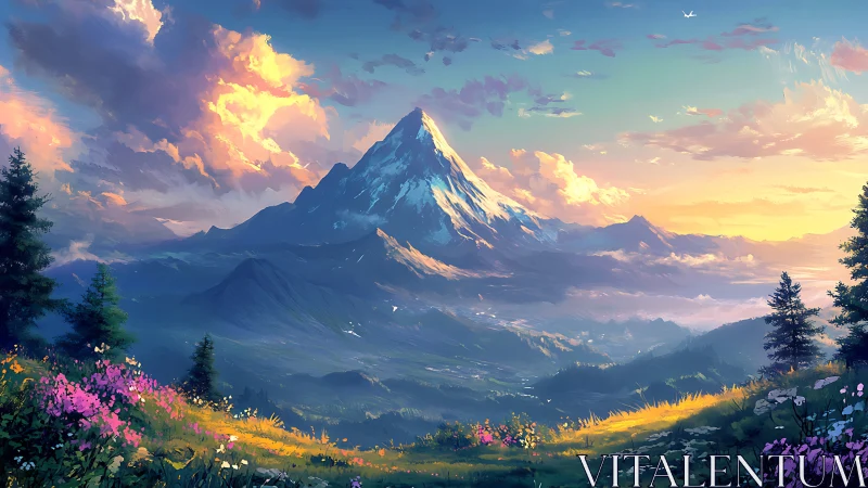 Sunlit alpine peak overlooks vivid wildflower valley.