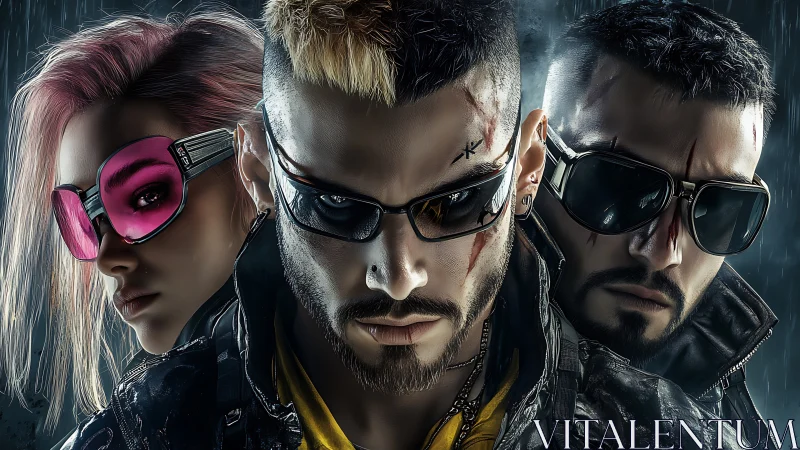 Cyberpunk trio stands defiant in neon rain-soaked night