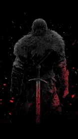 Lone warrior stands with bloodstained greatsword drawn