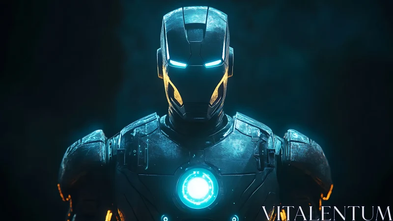 High-luminance exosuit frontal portrait with arc-core reactor.