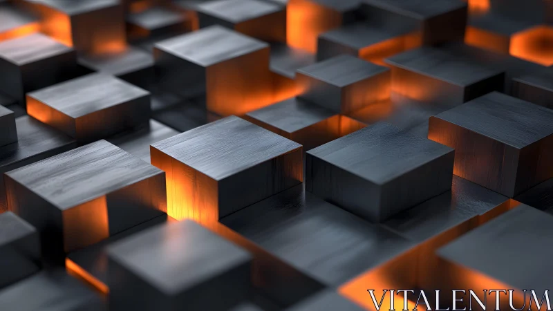 Futuristic Metallic Cubes with Glowing Orange Light, 3D Render.