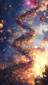 Spiraling luminous flora rising through glowing sky.