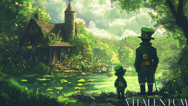 Leprechaun guardians watching over a glowing forest pond.