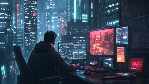 Night coder at neon city desk in quiet digital rainstorm.