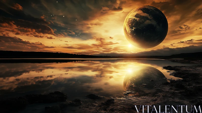Surreal planet rises above molten sunset lake reflection