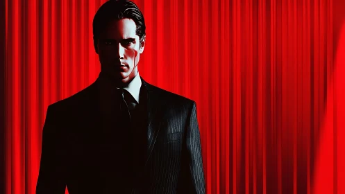 Stoic suited man against intense red curtain backdrop.