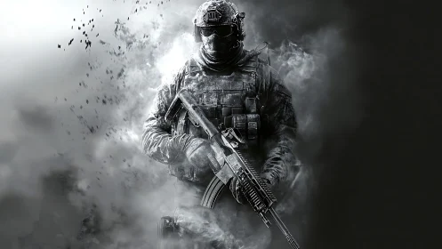 Ghost soldier emerges from shattering smoke and swirling crows.