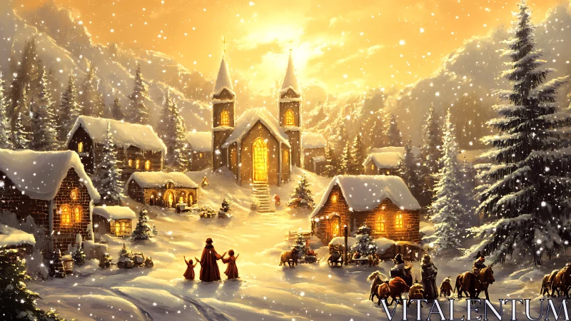 Snow-covered village and church at sunset in winter landscape.