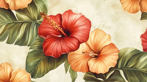 Tropical Hibiscus Blooms in Warm Watercolor Splendor.