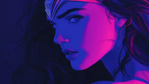 Neon warrior portrait glows in electric magenta and blue.