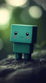 Turquoise block character figure on rock outdoors.