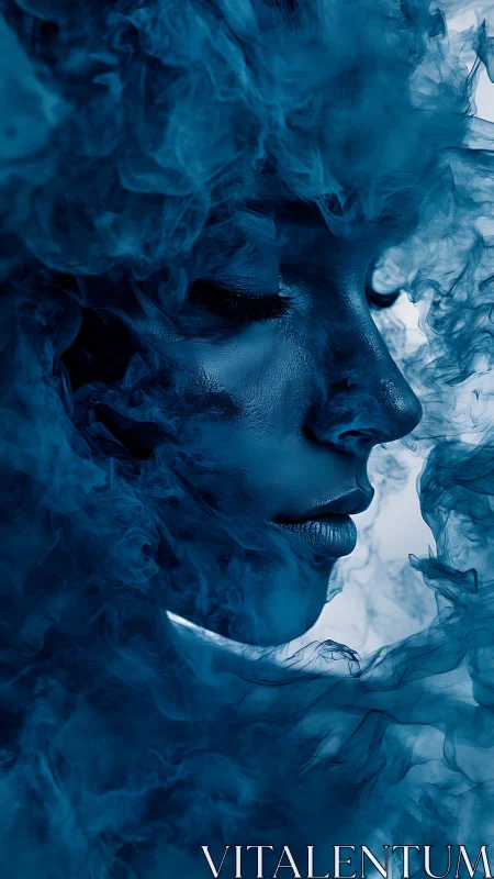 Monochrome female profile immersed in dense blue smoke.