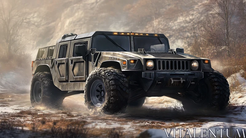 Off-road utility vehicle on muddy winter forest track.