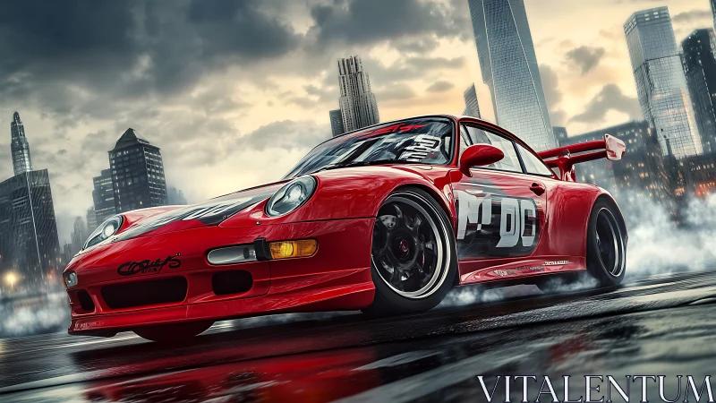 Red drift car slices through rainy neon city streets.