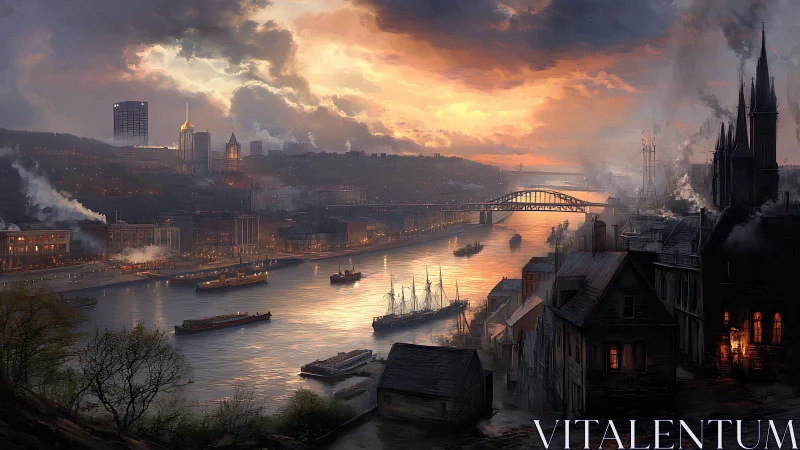 Industrial river city at sunset with smoking waterfront.