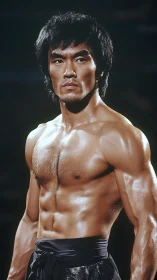 Muscular male subject stands shirtless under directional lighting