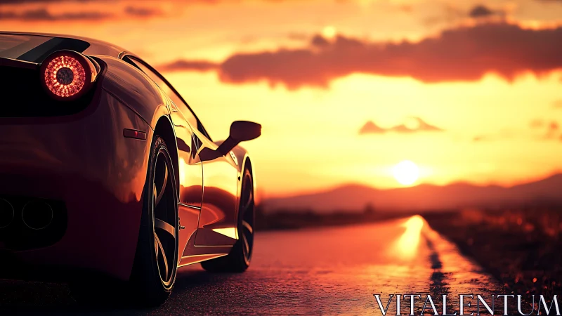Rear view shows sports car on wet road at sunset