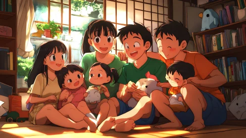 Smiling family relaxes together in sunlit tatami room