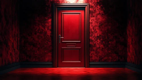 Red door glows in dark textured hallway with stark contrast