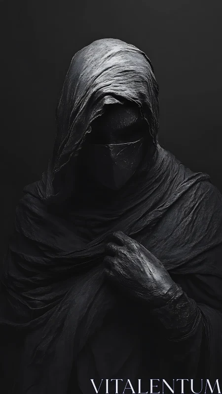 Shrouded hooded figure in dark monochrome draped cloths.