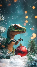 Tiny winter raptor guards a glittering red Christmas bauble.